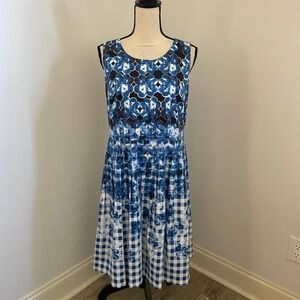 Talbots Blue Floral Checked Dress size 10P Cotton Sleeveless Pockets Office Core